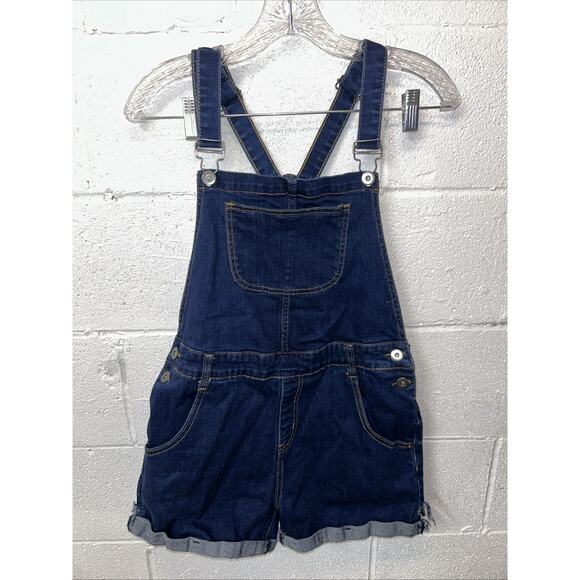 ModCloth Denim Shortall Overall Shorts Womens Medium Blue Stretch Cuffed Bibs E1 - Picture 1 of 13